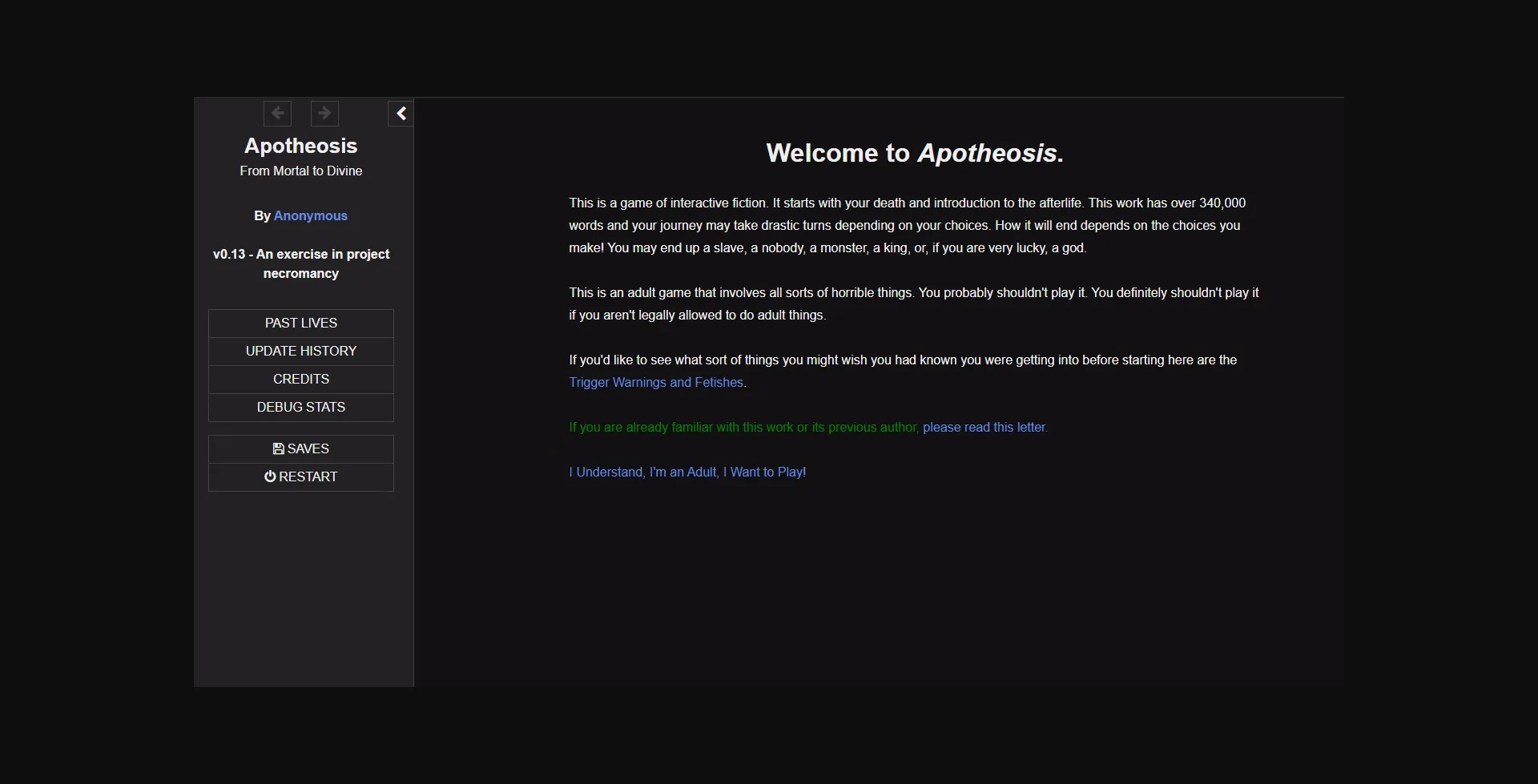 HTML Abandoned Apotheosis [v0.14] [Anonymous and JuliaGumshoe] | Free Adult Games