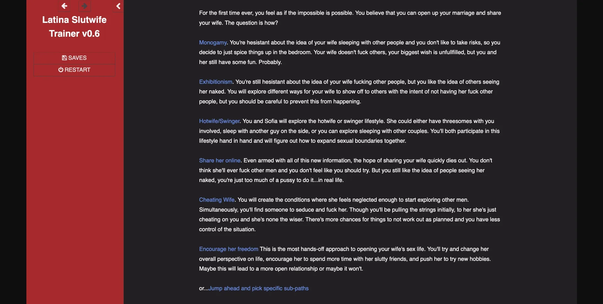 HTML Abandoned Latina Slutwife Trainer [v0.7.2] [RandomGamerMofo] | Free Adult Games