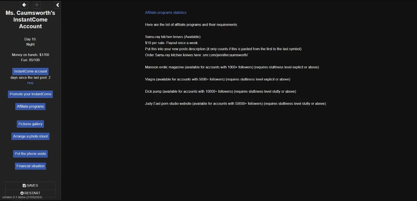 HTML Ms. Caumsworth's InstantCome Account [v0.1 Demo] [Max Craving] | Free Adult Games