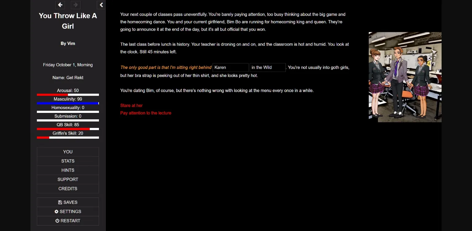 HTML You Throw like a Girl [v1.5.1] [Vim] | Free Adult Games