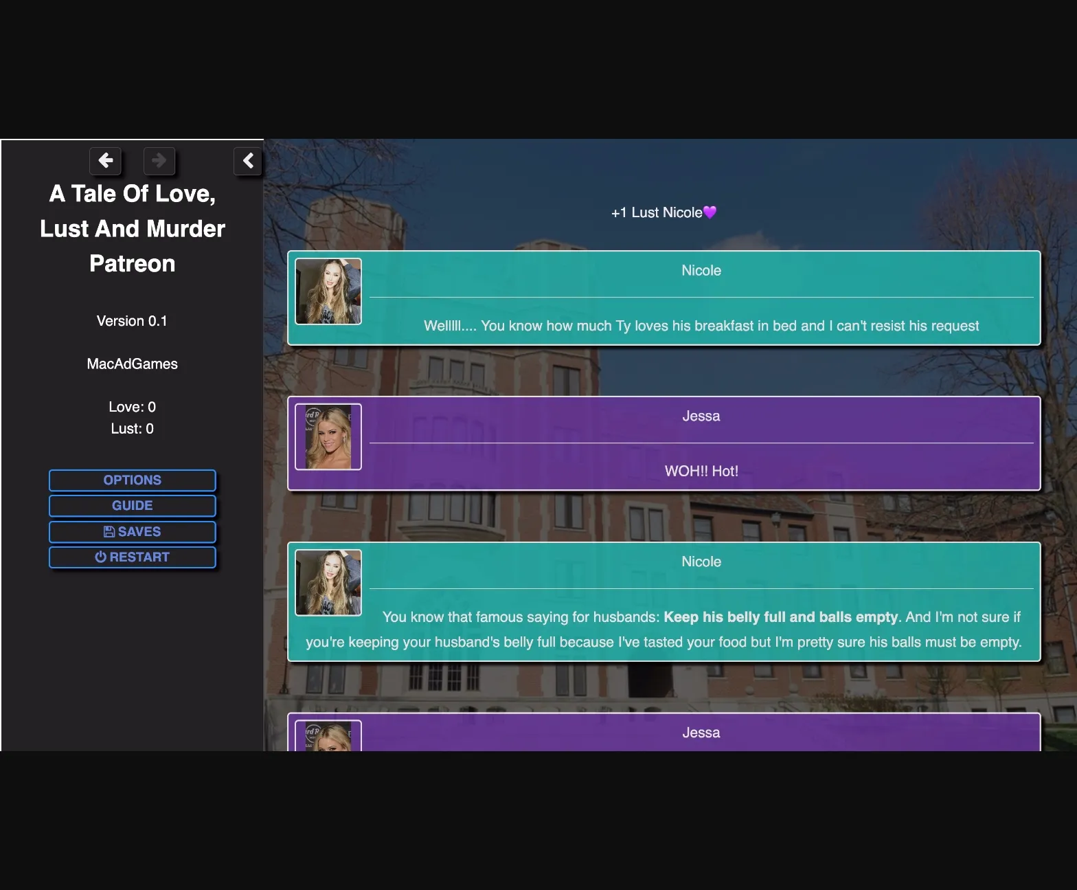 HTML A Tale of Love, Lust & Murder [v0.12] [MacAd Games] | Free Adult Games