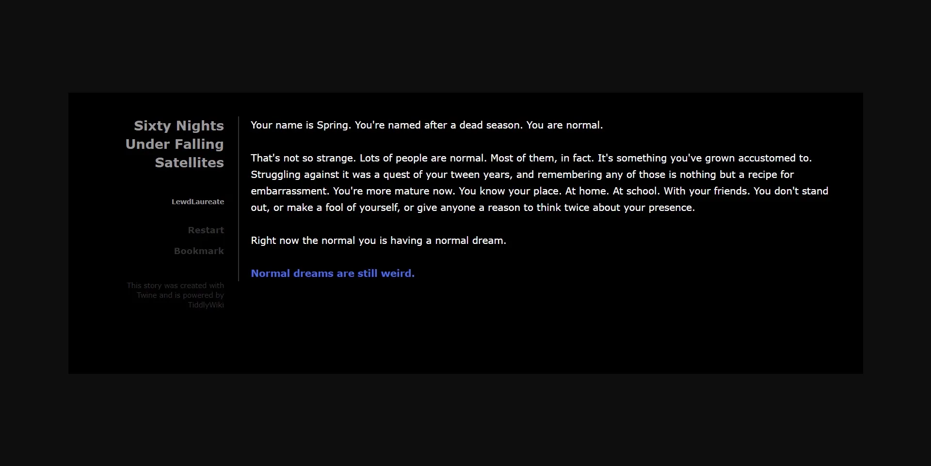 HTML Abandoned Sixty Nights Under Falling Satellites [v0.01] [LewdLaureates] | Free Adult Games