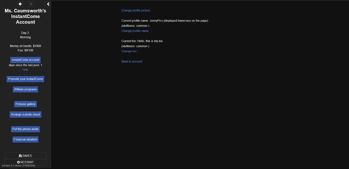 HTML Ms. Caumsworth's InstantCome Account [v0.1 Demo] [Max Craving] | Free Adult Games